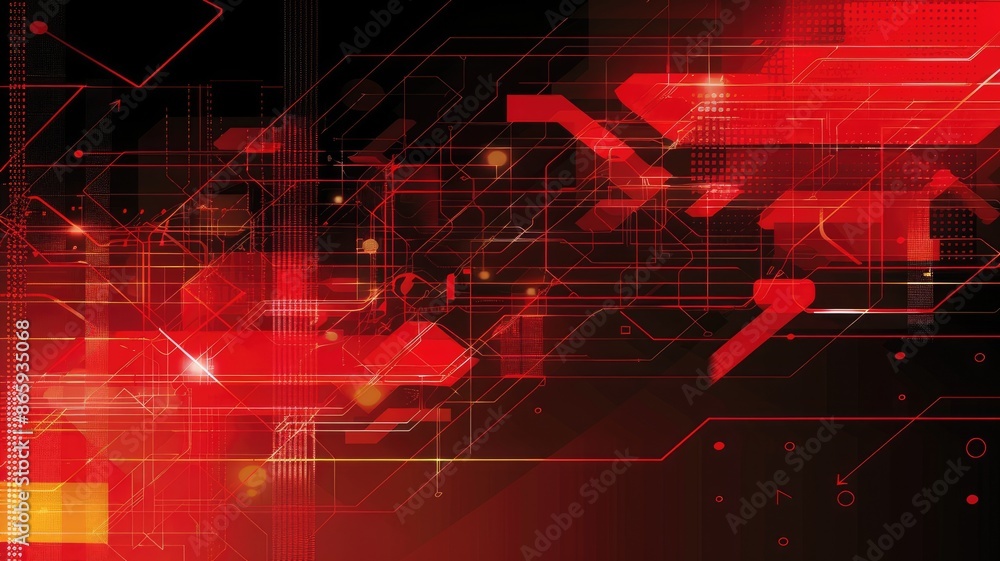 Poster abstract digital image of red circuits and gears on a dark background. digital art design of abstrac