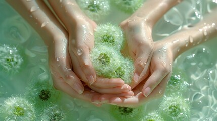 Fototapeta premium A close-up of a person holding a plant immersed in a bathtub filled with bubbling water