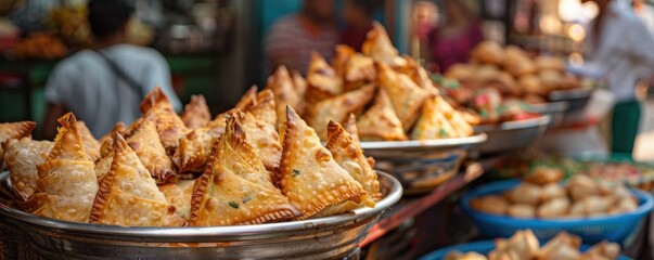 A large bowl of samosas is displayed on a table