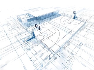 Minimalist Infographic Blueprint of Basketball Court Manufacturing Components