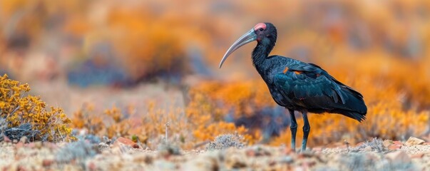 Naklejka premium A black bird with a long beak stands in a field of yellow grass