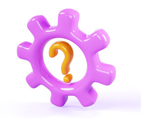 3d gear question mark isolated render icon. Concept of help and technical support service, settings, engineering or mechanical industry, search and solution of business problems. 3D illustration