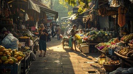 Obraz premium Vibrant Morning at a Traditional Thai Market - Lively Scene of Colorful Stalls, Exotic Produce, and Engaging Vendors