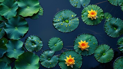   Water lilies float on a lake's surface, surrounded by green leaves and dewed-up drops