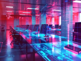Modern neon cyberpunk open space office interior blurred with information technology overlay. Corporate strategy for finance, operations, marketing. Tables with computers for work. Technology