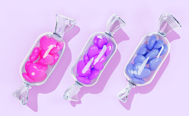 3d set of candy with small hearts inside isolated render icons. Love pink, purple, blue color lollipops in transparent plastic pack for Valentines day. Wrapped sweet in clear package. 3D illustration