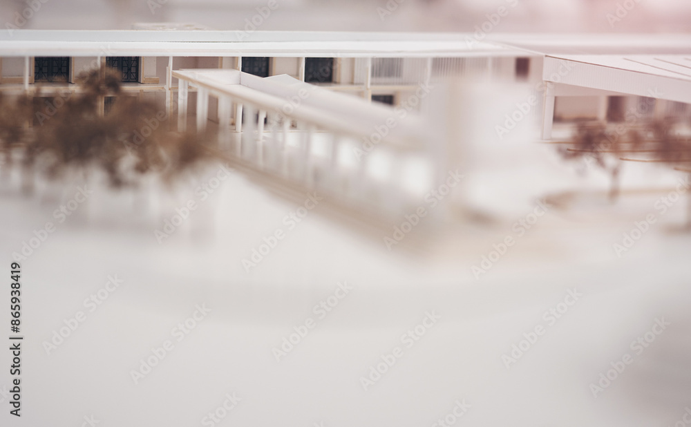 Poster Prototype, architecture and building with 3D model for construction planning, industrial development or infrastructure. Complex, layout or scale blueprint of project for rough draft in real estate