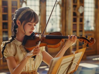 Schoolgirl playing violin in music school