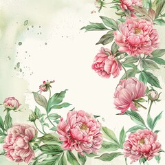 Watercolor illustration of pink peonies with green leaves on a pale green background.  Floral background for wedding invitations, greeting cards, or other designs.