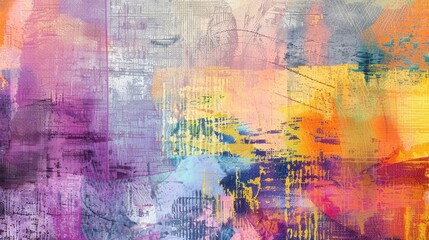 Fototapeta premium Vivid Abstract Textured Background in Lilac, Chambray Blue, Burnt Orange, Sunshine Yellow, and Peach Fuzz