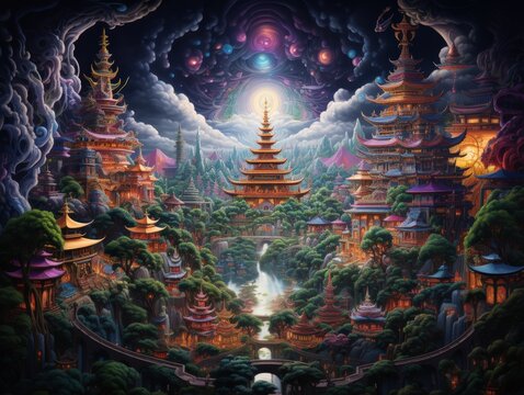 Magical, intricate Asian-inspired fantasy landscape with pagodas, vibrant lighting, lush trees and a central glowing focal point.
