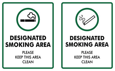 designated smoking area smoke permitted sign set illustration with text and, green outline and white background