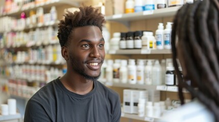 Fototapeta premium A smiling Black man conversing with a pharmacist in a pharmacy, wearing a dark gray shirt, shelves stocked with products in the background.