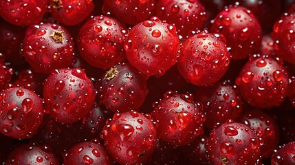   A close-up of red berries with droplets of water on their surfaces
