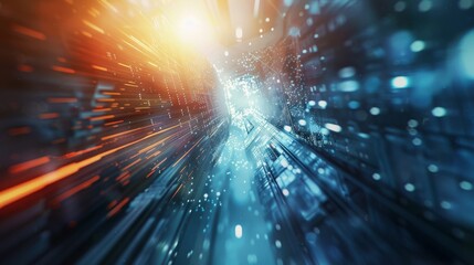 Obraz premium Futuristic Urban Landscape with Bird's Eye View and Lens Flare Effect, Illustrating Sci-Fi Vibes and Depth of Field