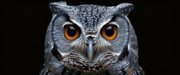 Close Up Portrait of a Grey and White Owl With Orange Eyes Against a Black Background