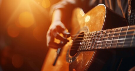 Fototapeta premium Black man playing guitar in a warm light, creating a bokeh effect, reflecting deep concentration and musical passion.