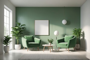 Minimalist living room with two plush green armchairs white coffee table and large potted plants wall adds touch of nature to space