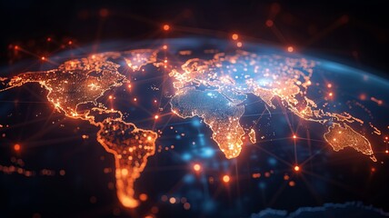 Obraz premium A vibrant digital representation of the world map illuminated by networks and connections, highlighting globalization and technology.
