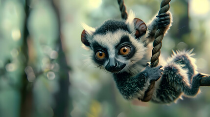 a black and white monkey swings on a rope, with its distinctive black nose, white and black face, and brown and orange eye visible