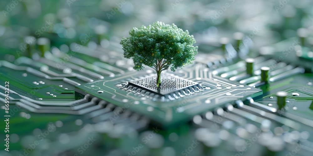 Poster harmonizing nature and technology tree symbolizes fusion on circuit board. concept nature and techno