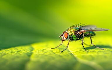 Naklejka premium Close-up of a vibrant green fly with striking red eyes sitting on a leaf, beautifully lit by sunlight against a lush green background.
