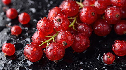  A tablecloth covers a black table with red berries and raindrops