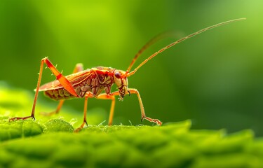 Fototapeta premium Close-up shot of an orange cricket on a vibrant green leaf, showcasing detailed textures and striking colors against a blurred background.
