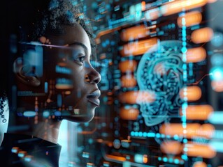 AI cyber security threat illustration, black african american female IT specialist analysing data information technology, augmented reality artificial intelligence collage, side profile, copy space