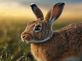 Fototapeta premium Adult hare in nature, close-up, natural lighting, blurred background