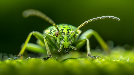 Fototapeta premium Macro shot of a vibrant green beetle with detailed patterns and antennae against a lush green background.