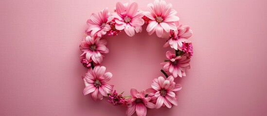 Pink flower arrangement on pink backdrop. Overhead view of a wreath made of pink flowers, with a plain surface and space for text.