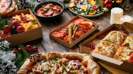 Promotion for New Year s Festive decoration using containers from food delivery services and pizza boxes with ready to order hot meals in disposable packaging for holiday catering Ample spa