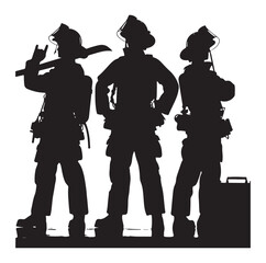 Firefighters pose silhouette full body black color only.