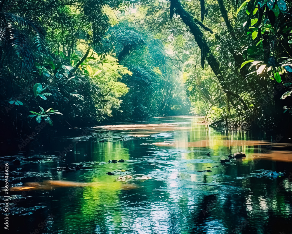 Poster a lush green jungle with a stream running through it.