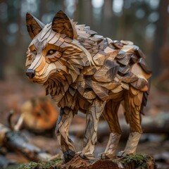 Obraz premium Realistic carved wooden wolf, assembled from pieces, natural wood tones, professional photography, detailed craftsmanship