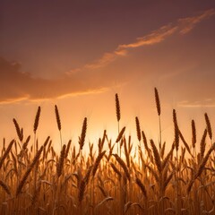 Fototapeta premium wheat stalks against a warm sunset sky, with the sun peeking through the stalks