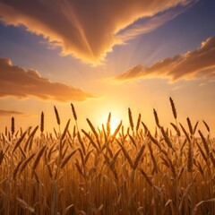 wheat stalks against a warm sunset sky, with the sun peeking through the stalks