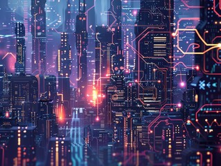 Modern futuristic digital circuit city building background.AI generated
