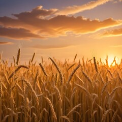 Fototapeta premium wheat stalks against a warm sunset sky, with the sun peeking through the stalks