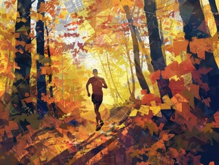 Obraz premium Man running through a vibrant autumn forest with golden leaves and sunlight streaming through the trees. Artistic and dynamic scene.