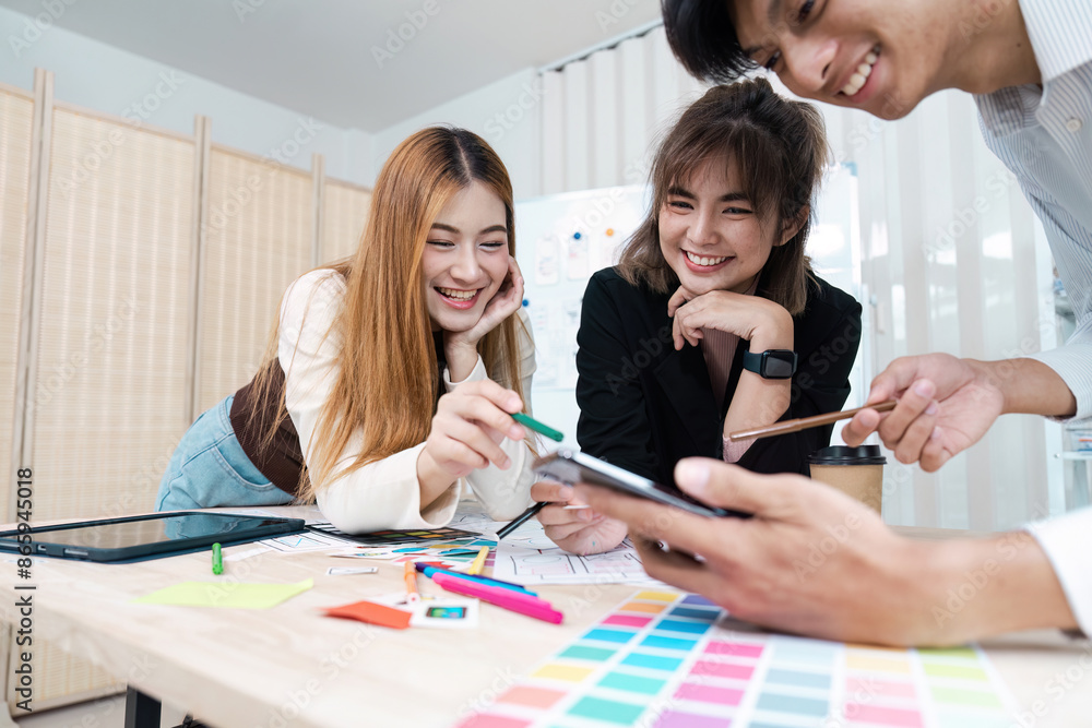 Wall mural creative ux ui team brainstorming for startup business project in modern office environment