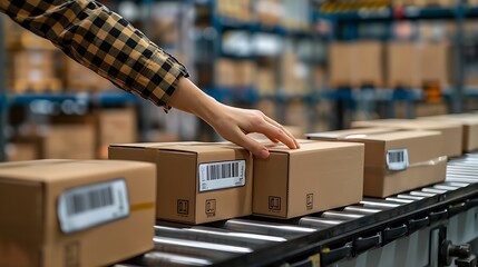 worker organizing and labeling packages on conveyor belt, logistics and shipment detail