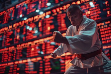 Martial artist practicing in front of a glowing stock market ticker, blending discipline of martial arts with dynamic world of finance.