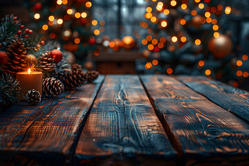 Weihnachtlicher Hintergrund mit Lichtern, Tannen und Holzdielen, made by AI