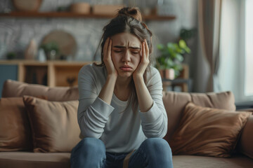 Obraz premium A young woman is sitting on a sofa in a living room and holding her head with both hands. Eyes closed in pain