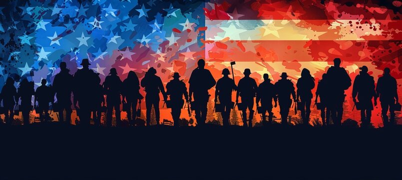 Silhouette of people march protest with America flag background. 4th of July or America independence day. Generative AI technology.