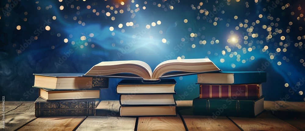 Wall mural open book on table with stacks of books and magical sparkling lights, fantasy and knowledge