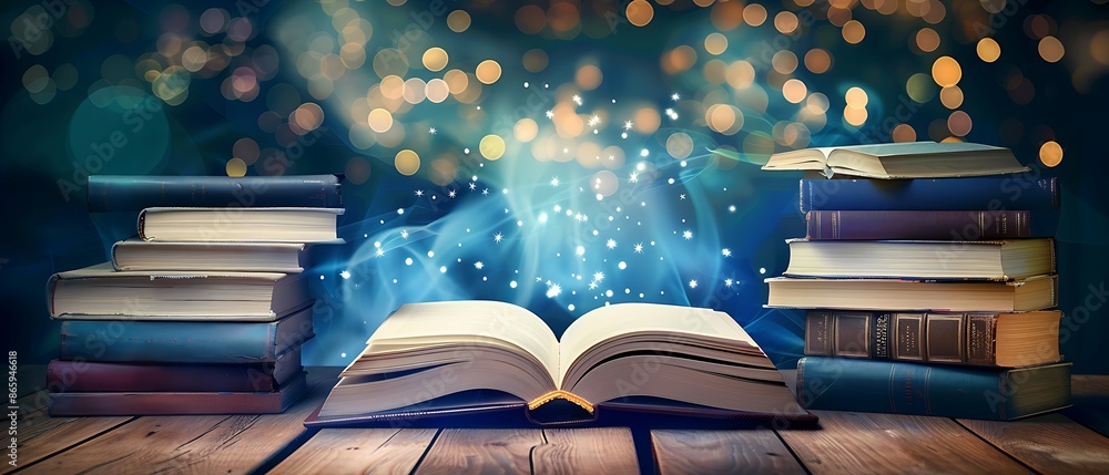 Wall mural open book on table with stacks of books and magical sparkling lights, fantasy and knowledge