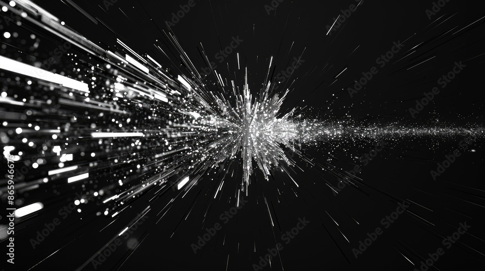 Poster black and white image of glowing and streaking lines of light moving through a dark space. aig535